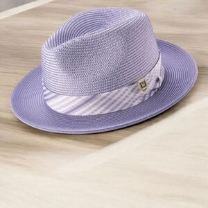 MONTIQUE MEN'S GUNMETAL FEDORA HAT W/CHECKERED RIBBON BAND. H2512